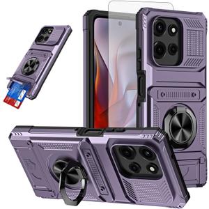 Phone Case for Motorola Moto G Power 5G 2025 with Tempered Glass Screen Protector Card Slots Magnetic Ring Stand Shockproof Soft Silicone Bumper Hybrid Two Layer Defender for G5 Women Purple