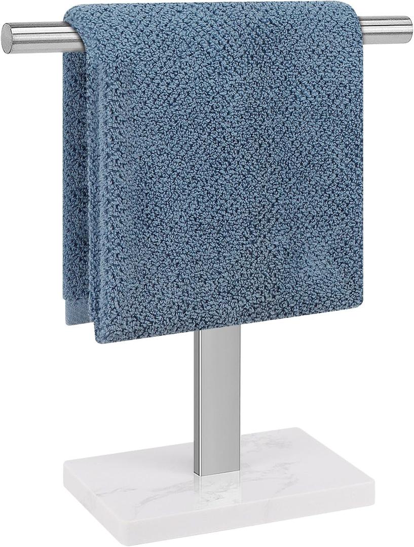 Hand Towel Holder, T-Shape Hand Towel Stand for Bathroom, Hand Towel Rack Bar Standing for Vanity Kitchen Countertop, 304 Stainless Steel (12IN-Marble Base, Brushed)