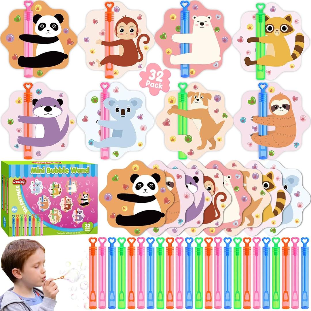 LEASEN Valentines Day Gifts for Kids, 32 Pack Mini Bubble Wands with Valentines Animal Themes Greeting Cards for Kids, Valentine's Day Classroom Exchange Gift Set, Party Favor