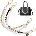 2Pcs Pearl Handbag Chain Straps, 10 Inch Black & Gold Purse Chain Extenders with Floral Charm, Metal Shoulder Strap for Crossbody Bags, Short Handle Replacement Accessories for Women
