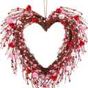 Aneco Valentine's Day Wreath 18 Inch Heart Shaped Wreath with Red Pink White Berry Handmade Valentine's Day Decorations for Anniversary Wedding Party Gift, Home Wall Window Front Door Decor