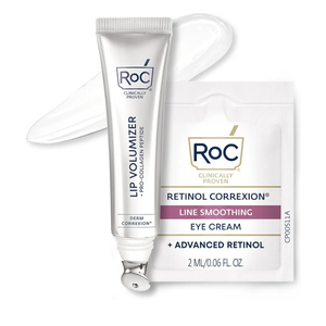 RoC Derm Correxion Lip Volumizer - Lip Plumper Peptide Treatment with Hyaluronic Acid & Vitamin E + Line Smoothing Eye Cream Packette