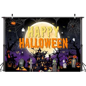 Halloween Backdrop 8x6 FT Kids Party Banners Full Moon Backdrops with Witch Pumpkin Ghost Decorations Scary Castle Wall Banner for Photo Props Decorations Indoor Outdoor (Purple)
