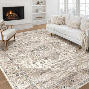Area Rug 8x10 Washable Vintage - Soft Traditional Rugs for Living Room Large Non Slip Backing with Low Pile Farmhouse Oriental Retro Carpet for Bedroom Dining Room or Home Office - Tea Brown