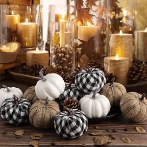Ywlake 12 Pcs Mixed Assorted Sizes Artificial Pumpkins, Paintable White Fake Pumpkin Plaid Fabric Burlap Pumpkins for Fall Harvest Thanksgiving Halloween Decoration Faux Pumpkins Outdoor Decorating