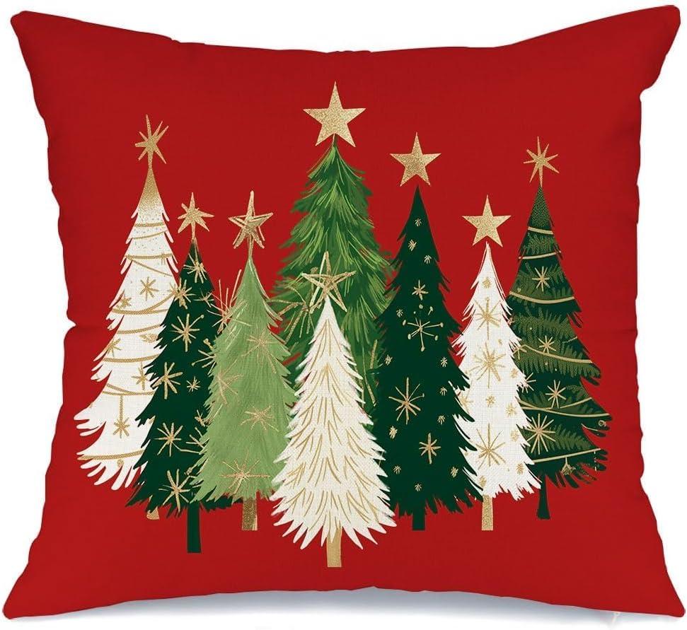 AACORS Christmas Pillow Cover 18X18 Inch Watercolor Christmas Tree Stars Decoration Holiday Farmhouse Winter Pillow Case for Sofa Couch DecorRed AA231-18
