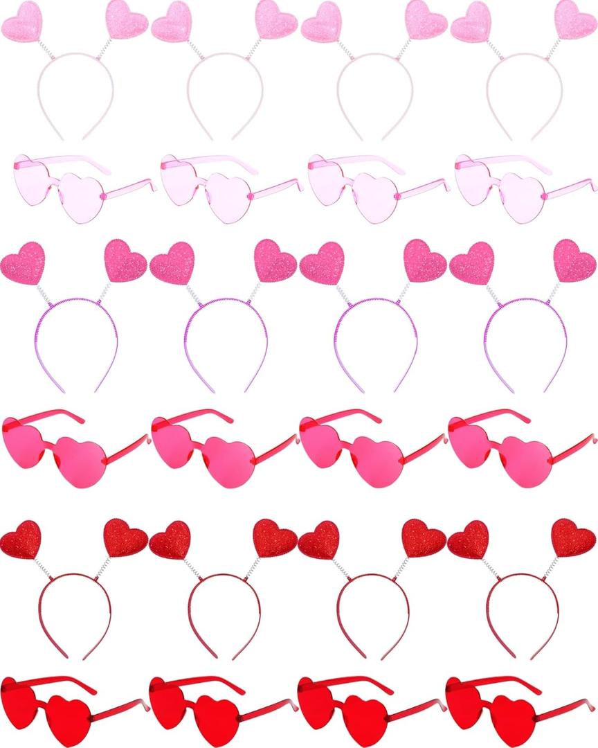 24 Piece Valentine's Day Heart Headbands and Sunglasses Set for Women and Men, Party Photo Props for Wedding, Birthday (Pink, Rose Red, Red)