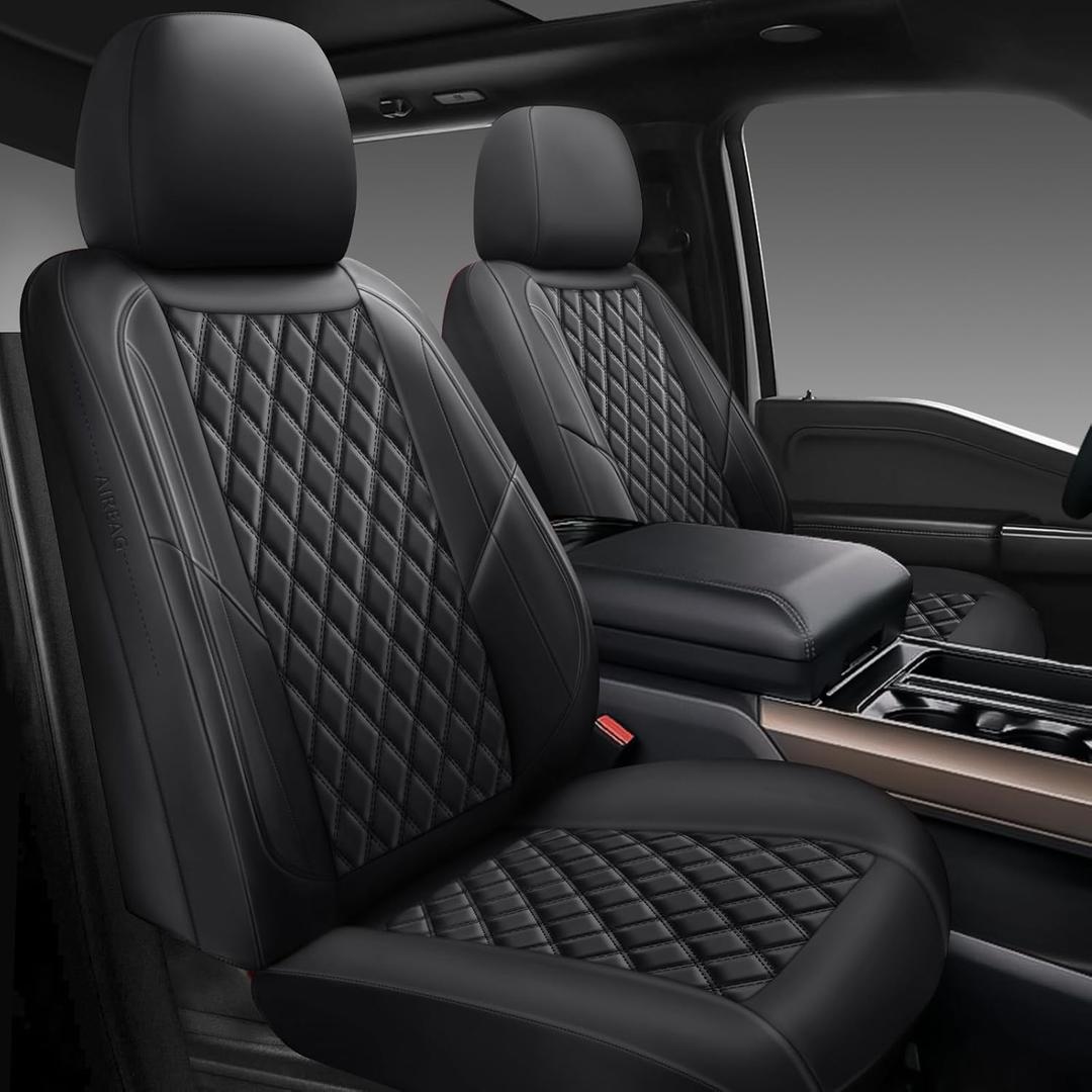GEEYONTEK Premium Leather Car Seat Covers Full Set,Universal Fit for Cars, Trucks & SUVs, Waterproof Car Seat Cushion,Full Coverage Car Seat Protector with 5 Seats,Black (Front and Rear(5 seats))