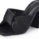 Coutgo Womens Chunky Heeled Mules Puffy Knot Square Open Toe Slip On Sandals Summer Evening Party Prom Shoes (8, Black)