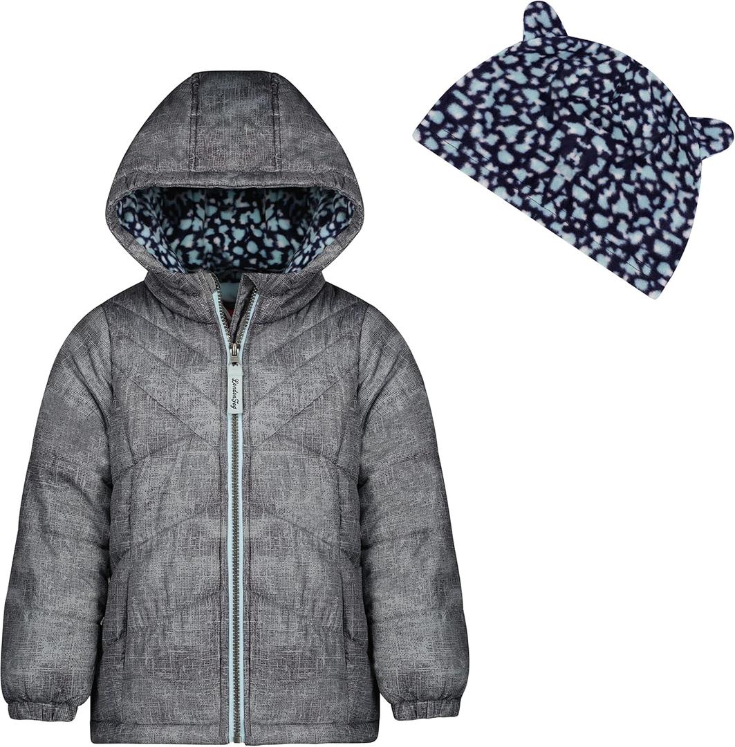 LONDON FOG Baby Girl's Hooded Puffer Winter Jacket with Stars & Moons Pattern & Matching Beanie (4T, Grey)