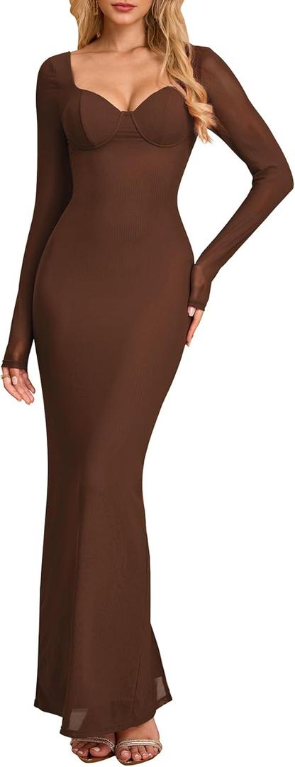 HTZMO Women Fall Long Sleeve Bodycon Maxi Dress Sexy V Neck Wedding Guest Formal Party Elegant Long Dresses (Brown, S)