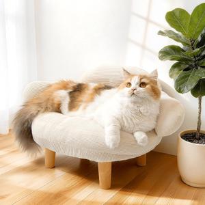Cat Sofa Furniture-Style Pet Bed with Removable Cotton Velvet Cover, Solid Pine Wood Legs, for Cats and Small Dogs, White