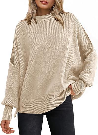 ANRABESS Women Oversized Sweaters Batwing Long Sleeve 2026 Fall Outfits Crewneck Casual Knit Side Slit Fashion Pullover Top (Size XL, Apricot)