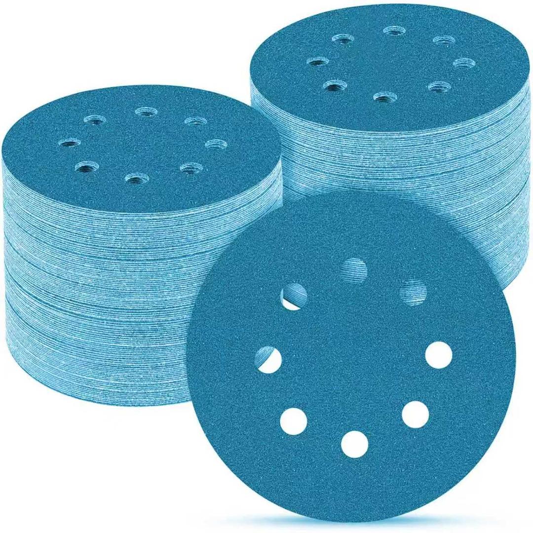 100-Pack 5 Inch 8 Holes Hook and Loop Sanding Discs,80/120/150/240/400 Grit Blue Sandpaper for Random Orbital Sander