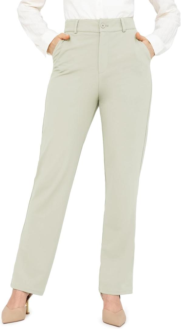 Bamans Dress Pants Women Work Business Pants Tummy Control Office Straight Leg Trousers High Waisted Ladies Slacks (Medium, Stone)