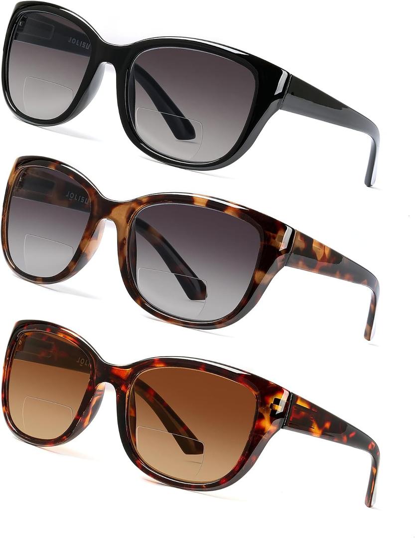 JOLISU 3PCS Bifocal Sunglasses Readers for Women/Men - Full Lens UV400 Sun Protection with Built-in Reading(2.5)