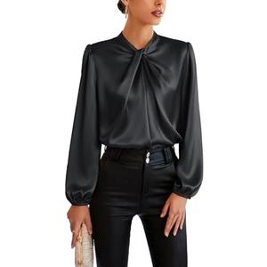 GRACE KARIN Women's Long Sleeve Satin Blouse,Mock Neck Work Silk Shirts,Dressy Tops for Business Casual Office Size L
