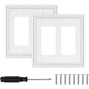 White Modern Decorative Wall Plate Light Switch Cover Decorator Outlet Covers Rocker Switch Plates Bamboo Fiber Material Wall Plates for Kitchen Bathroom (2 Gang Double Decorator-2 Pack)
