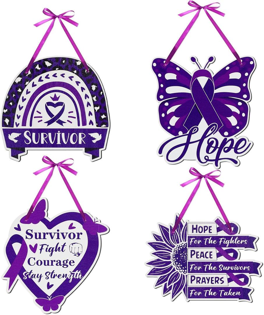 4 Pcs Domestic Violence Awareness Wood Sign Purple Ribbon Hanging Wall Plaque Sign Domestic Violence Awareness Month Wood Decorations for Home Charity Event Supplies