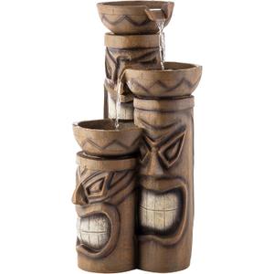 Alpine Corporation 29"H Outdoor 3-Tiered Tiki Head Bowl Waterfall Floor Fountain with Cool White LED Lights, Brown