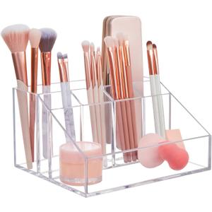 STORi Chloe Clear Plastic Stackable Makeup Brush Holder, Rectangular 6-Compartment Organizer for Brushes, Cosmetics & Beauty Supplies, Made in USA