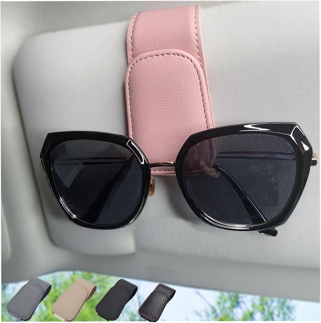 CHOSMOYI Magnetic Leather Sunglass Holder for Car, Sunglasses Clip for Car Visor, Auto Interior Accessories Universal for Different Size Eyeglasses(Pink)