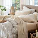 MooMee Bedding Sheet Set 100% Washed Cotton Linen Like Textured Breathable Durable Soft Comfy (Heathered Almond Milk Grey, Queen)