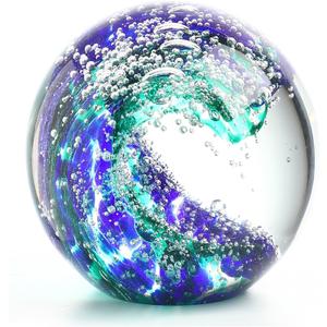 QFkris 3'' Hand Blown Glass Ocean Waves Ball Figurine,Glass Art Bubble Waves Ocean Themed Ball Paperweight for Home Decorative Collectibles Aquarium Decor