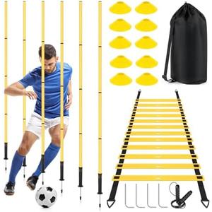 Soccer Agility Training Equipment: 6 Soccer Agility Poles, 20ft Agility Ladder, 10 Soccer Cones, 1 Jump Rope. Soccer Training Poles for Speed Training, Agility Training