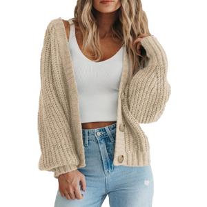 PRETTYGARDEN Women's Chunky Knit Open Front Sweater Long Sleeve Button Loose Short Cardigan Outerwear Coats (Medium, Apricot)