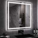 LED Mirror, 40x40 Inch Gradient Front and Backlight Bathroom Mirrors for Wall, 3 Colors Dimmable CRI>90 Double Lights, IP54 Enhanced Anti-Fog, Hanging Plates Wall Mount LED Vanity Mirror
