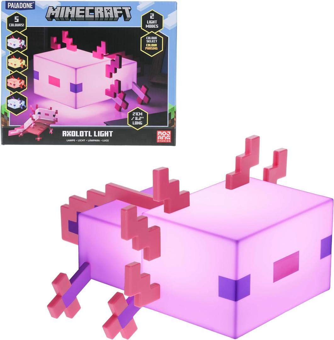 Paladone Minecraft Axolotl Light, Five Color Modes, Minecraft Lamp to Decorate Your Gaming Desk or Night Stand
