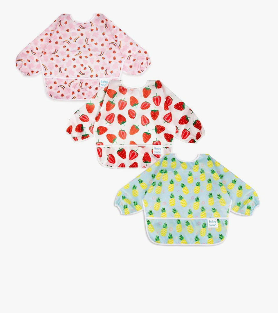 3 Pcs Long Sleeved Bib Set|Baby Waterproof Bibs with Pocket Bundle|Toddler Bib with Sleeves|Stain Resistance Smock 6-24 Month, Color: Pineapple - Flower - Strawberry