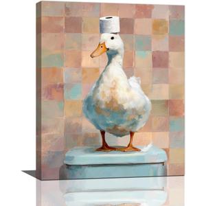 Funny Duck Bathroom Wall Art Cute Duck on Toilet Canvas Wall Decor Funny Quirky Farm Animal Pictures Painting Print Framed Artwork Decorations Gifts for Bathroom 16"x20"