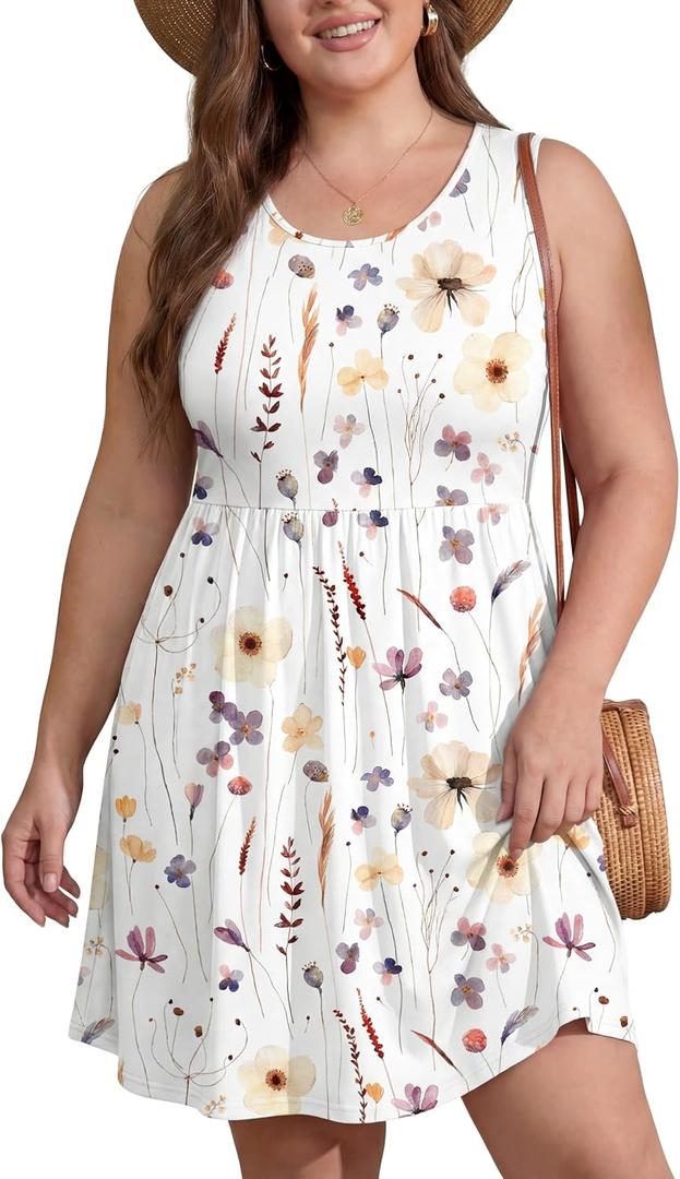 OLRIK Womens 2026 Plus Size Sundress A-Line Summer Sleeveless Knee Length Empire Waist T-Shirt Dress with Pockets, 3X