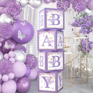 Purple Butterfly Baby Shower Boxes Decorations - 4 Purple Balloons Boxes with BABY Letter, Printed Letters,First Birthday Centerpiece Decor, Baby Blocks for Girl, Gender Reveal Backdrop