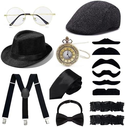 GIFIKOI 1920s Mens Costume Accessories Outfit Fedora Hat Vintage Roaring 20s Costumes Gangster Accessories for Gatsby Party