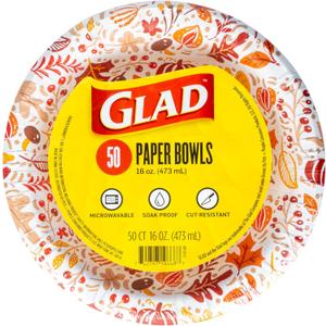 2 x Glad Round Disposable Paper Bowls, Happy Fall Design - Heavy Duty, Soak-Proof, Cut-Resistant, Microwavable Paper Bowls for All Foods, Daily Use, and Fall Occasions, 16 oz, 50 Count (Multicolor)