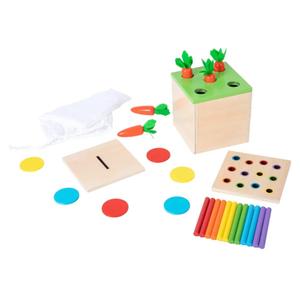 Adena Montessori 3 for 1 Wooden Montessori Play Kit Baby Toys,includes Matchstick Color Drop Game,Carrot Harvest Game and Coin Box,Learning Toy for Kid 1,2,3 Year Old,Girl Boy Gift for Baby 6-12 Month