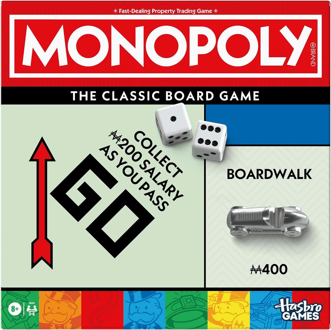 Monopoly Board Game | Classic Game with Storage Tray and Larger Tokens | Ages 8+ | 2 to 6 Players | Family Games for Kids and Adults | Kids Gifts