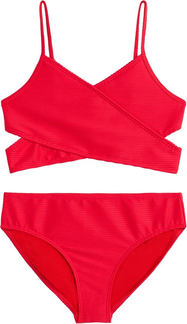 Kanu Surf Girls Coral Reef Beach Sport Wrap Around Bikini 2-Piece Swimsuit (16, Rib Solid Red)