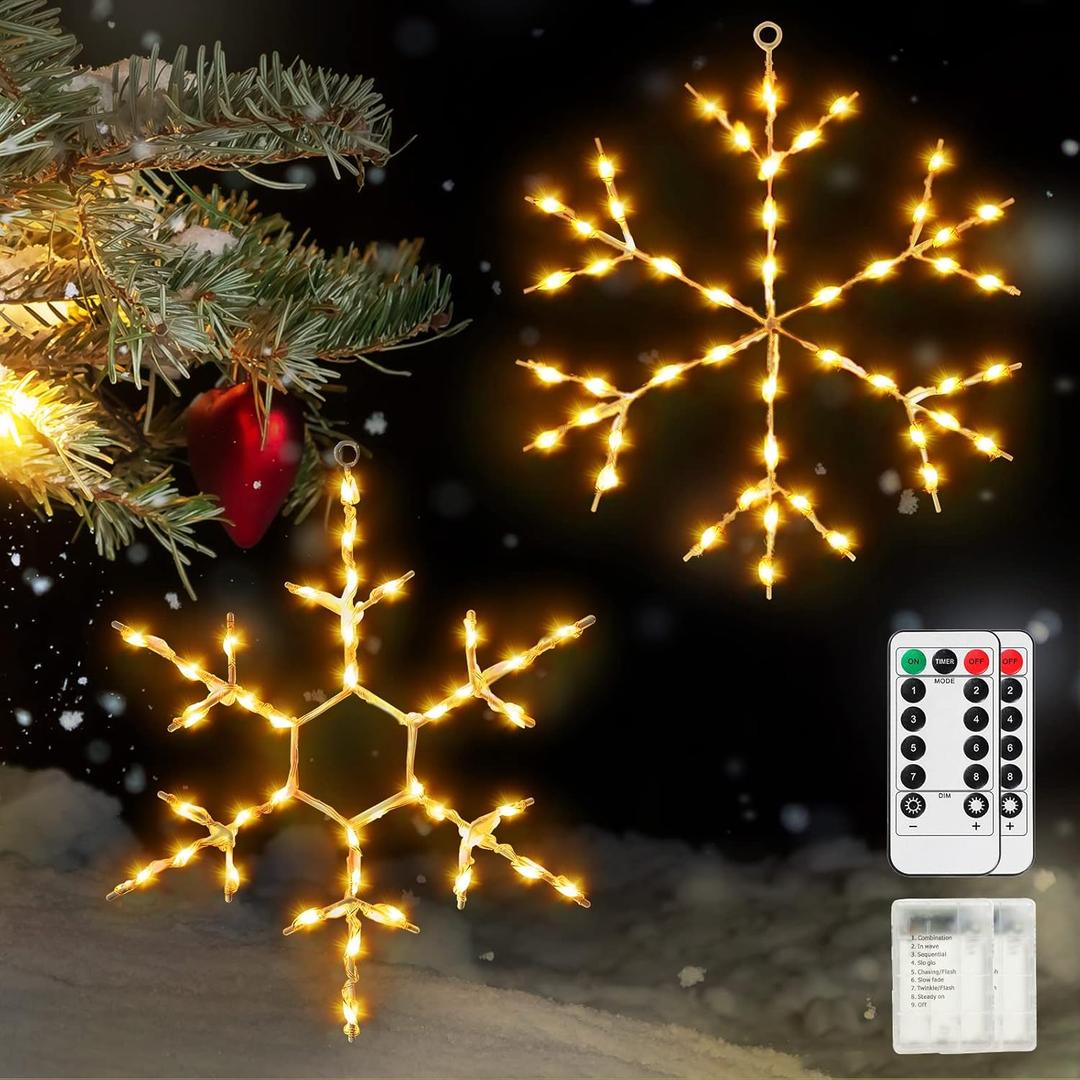 Tuanse 2 Pcs 16 x 13 inch Christmas Snowflake Light Large Christmas Silhouette Window Lights with Remote Control LED Lighted Snowflake Decoration Xmas Silhouette for Tree Outdoor Wall (Warm White)