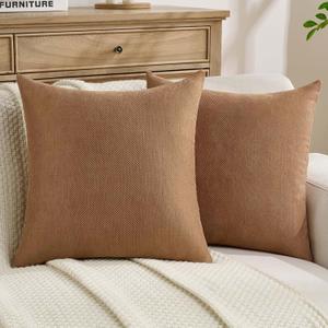 FUTEI Pack of 2 Chevron Chenille Throw Pillow Covers 18x18 Inch Soft Herringbone Texture Solid Decorative Cushion Case Farmhouse Home Decor for Couch Bed Living Room, Rust