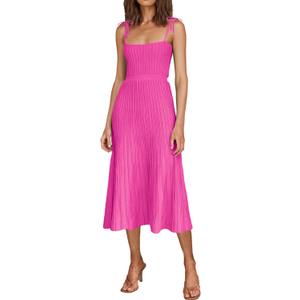 ARTFREE Womens Ribbed Knit Summer Maxi Dresses Tie Straps Square Neck Party Long Dress Rose Red XL