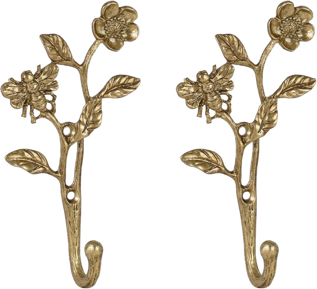 SOFFEE DESIGN 2pcs Metal Dark Gold Coat Hooks with 3D Bee & Flowers Shape, for Entryway, Bathroom, Bedroom Farmhouse Decoration