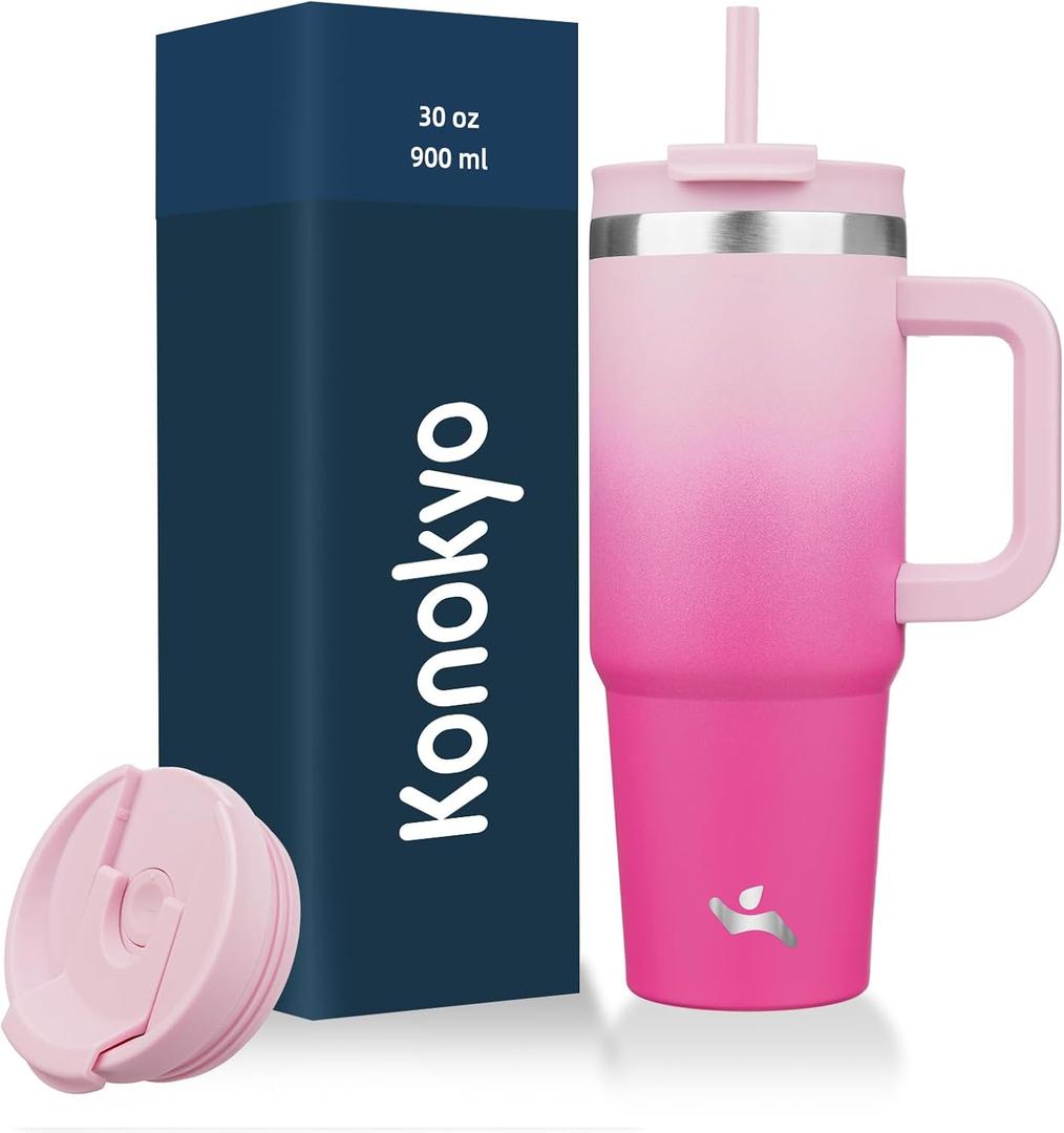 30 oz Tumbler with Handle and 2 Straws, 2 in 1 Lid Insulated Water Bottle Stainless Steel Travel Coffee Mug, Cherry Blossoms