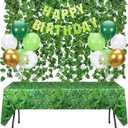 4 Pcs Jungle Safari Theme Party Decorations Set Includes Happy Birthday Banner Green Glitter Fake Vines Green and Golden Balloon Moss Pattern Plastic Tablecloth for Birthday Party