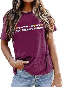 Pride Shirts for Women LGBT Rainbow Letter Print Tees Gay Pride Short Sleeve Casual Summer Top Blouse, M