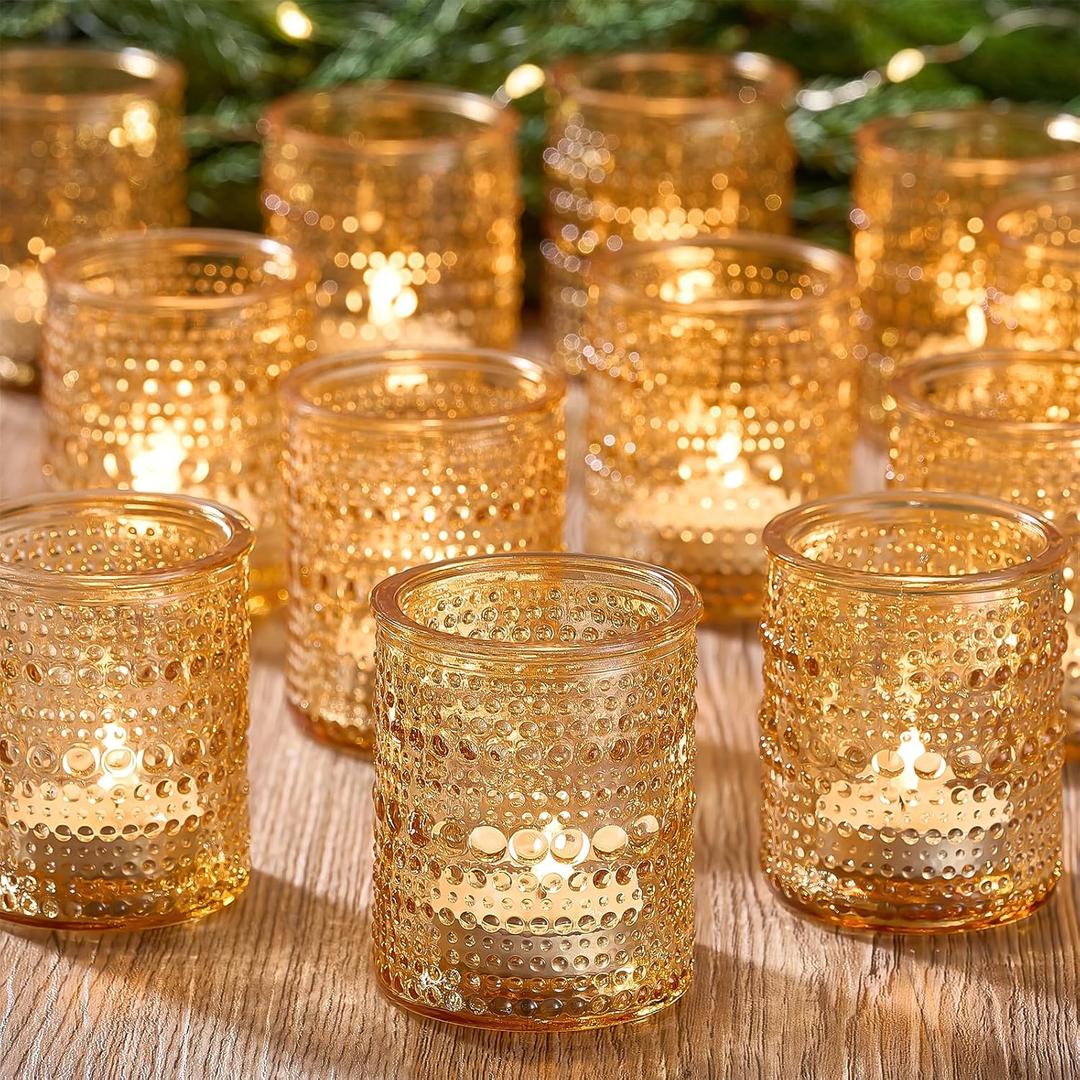 24 Pack Clear Glass Votive Candle Holders, Vintage Candle Holder for Floating Candle, Tealight Candle Holder for Table Centerpieces Home Bridal Shower Birthday Christmas Table Decoration (Amber)