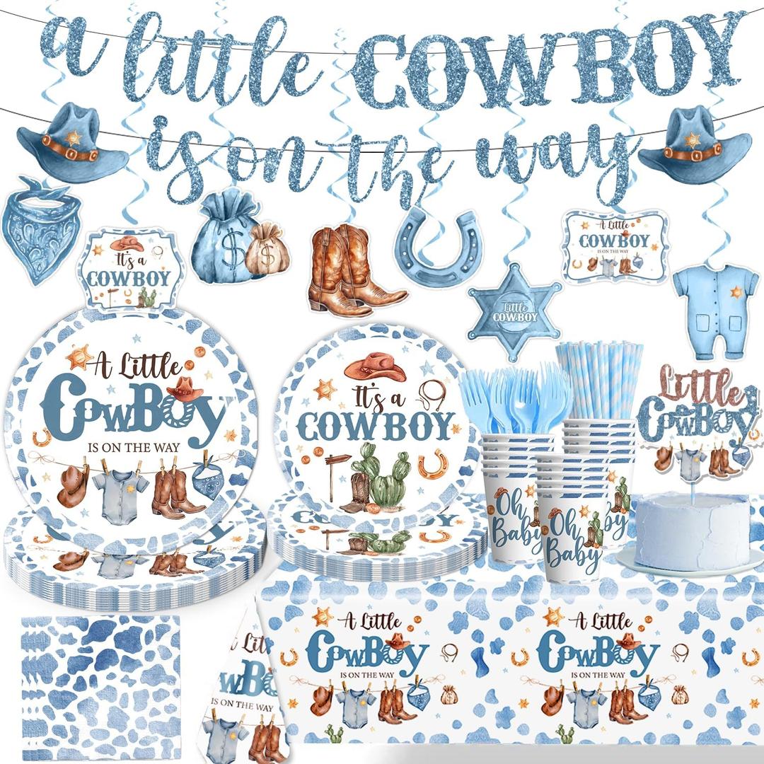 161pcs Cowboy Baby Shower Decorations Include Plates and Napkins Set, Banner, Hanging, Tablecloth, Cake Topper, for Cowboy Rodeo and Western Baby Shower, Serves 25